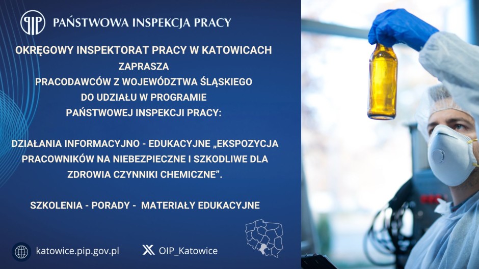 Zaproszenie do udziału w programie Państwowej Inspekcji Pracy: Działania informacyjno - edukacyjne „Ekspozycja pracowników na niebezpieczne i szkodliwe dla zdrowia czynniki chemiczne”.