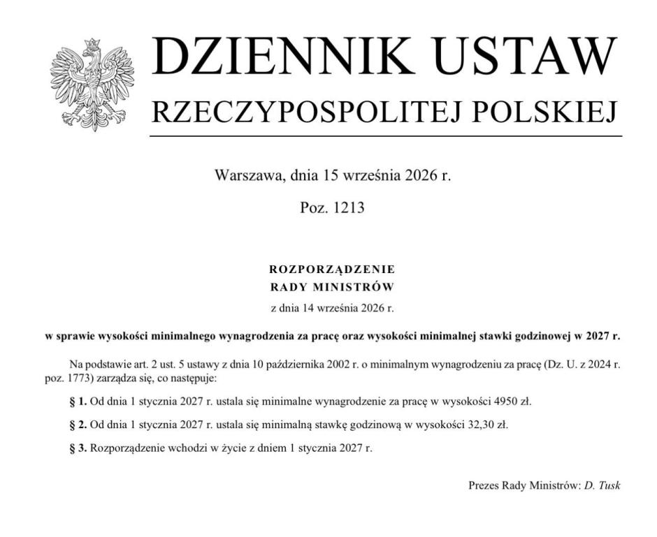 Płaca minimalna oraz minimalna stawka godzinowa w 2027 r.